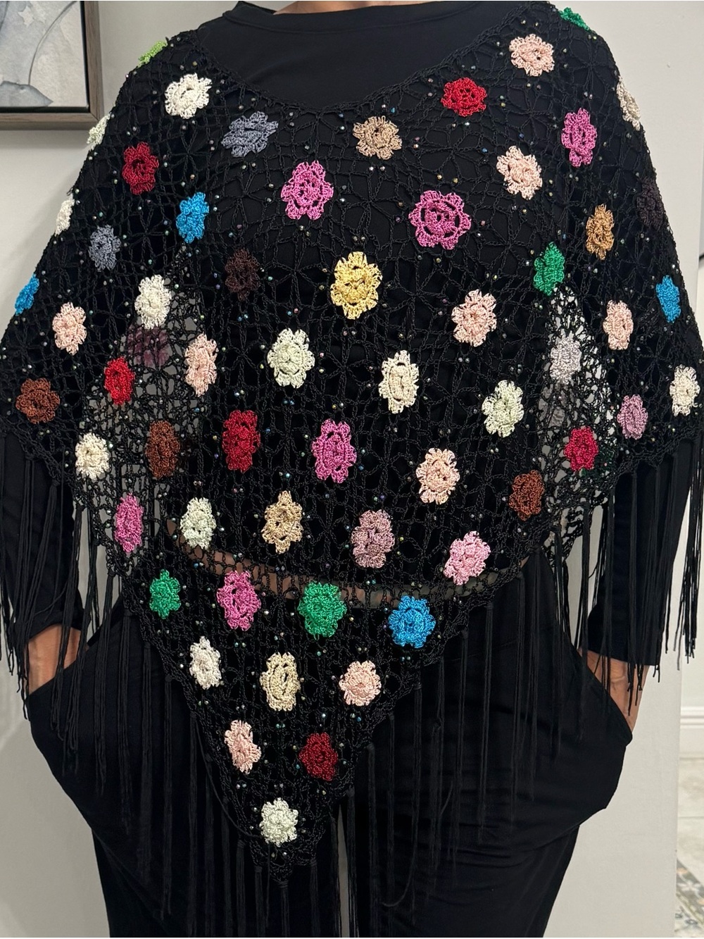 Y2K
Black Crochet Floral Fringe Poncho with Multicolor Flowers - Picture 7 of 7